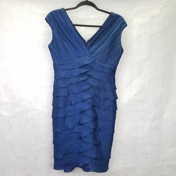 Adrianna Papell Dress 10 P Chiffon V-neck Taffeta Shutter Pleat Blue Sleeveless - Picture 2 of 13